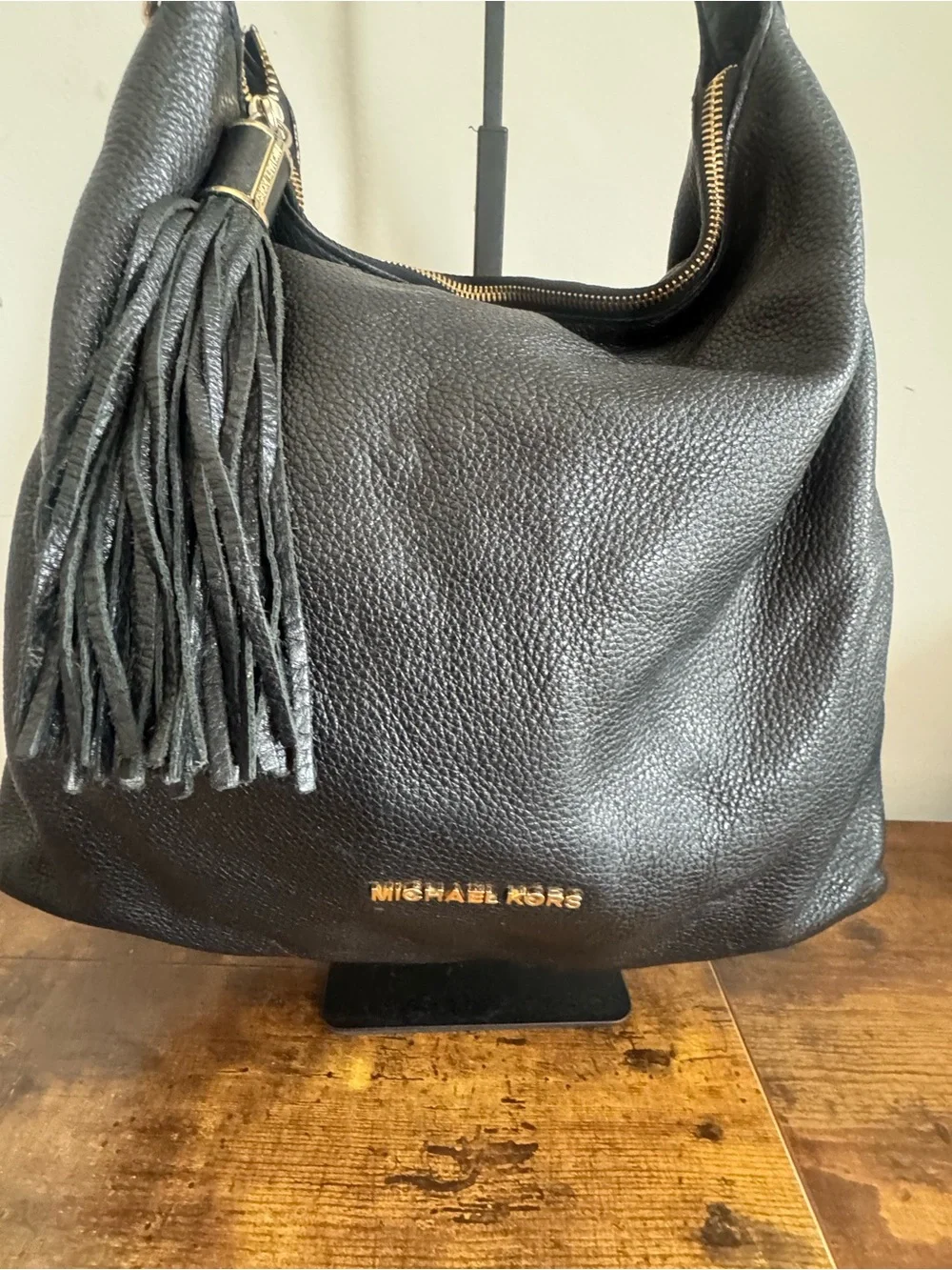 Michael Kors Black Leather Tassel Hobo Shoulder Bag